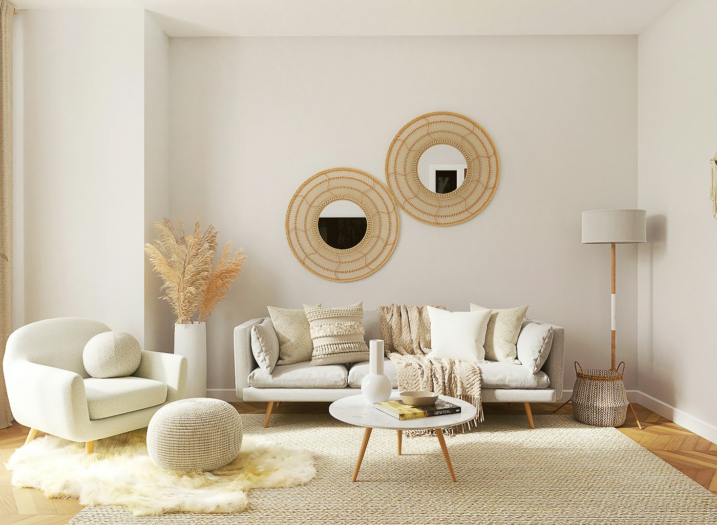 Salotto urbano moderno con divano beige, libreria e luce naturale
